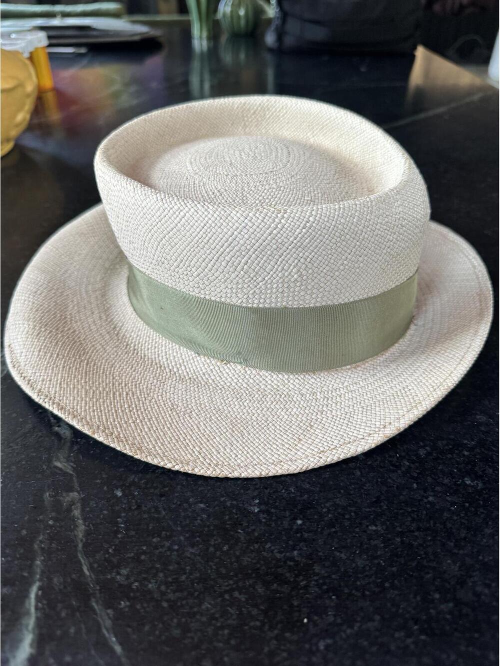 Handwoven Genuine Panama Hat - Olive Green Ribbon & Lizard Brooch - Size 22 - Picture 3 of 9